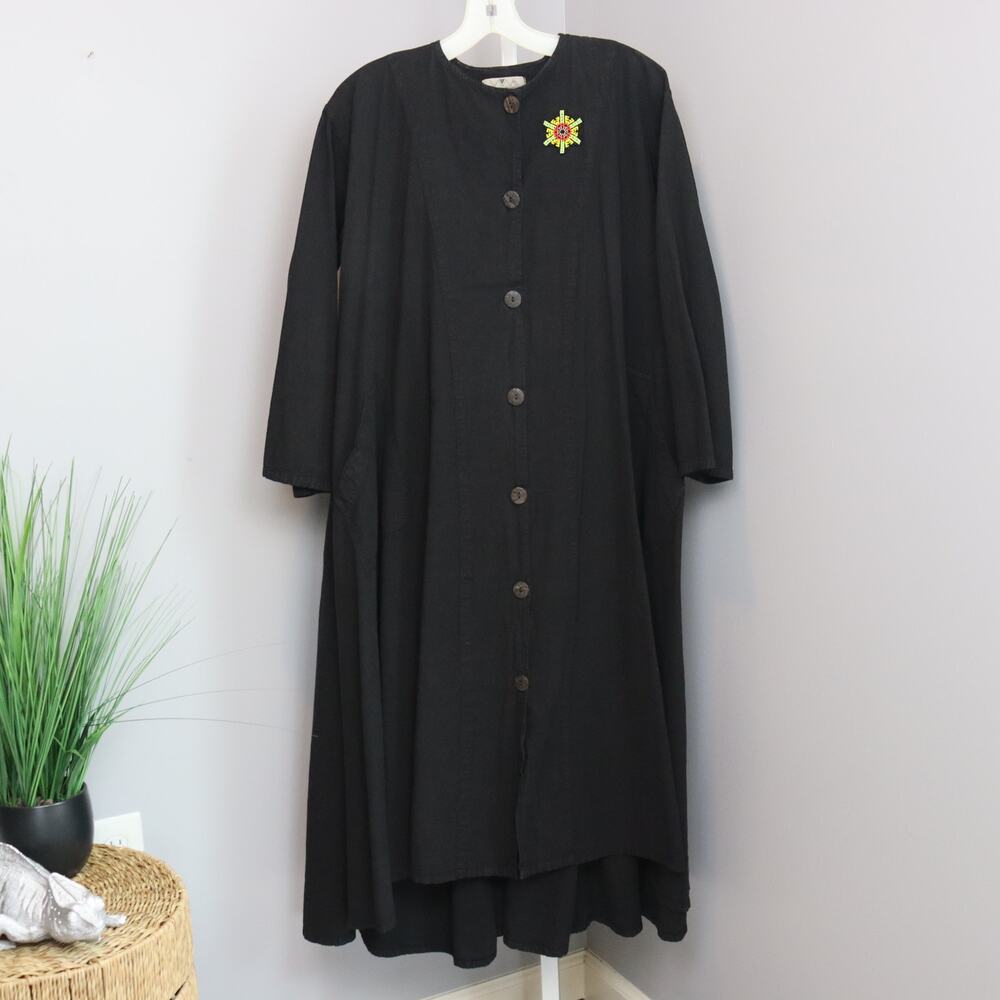 Vintage Alejandro Julian Black Button-Front Maxi Dress Beaded Patch Size S